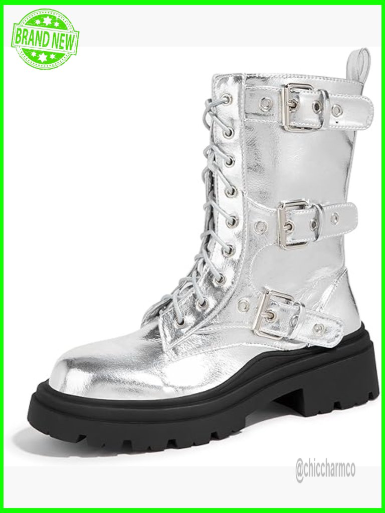 Combat Boots Platform Chunky Mid Calf Ankle Booties Lace Up Side Zipper Gothic